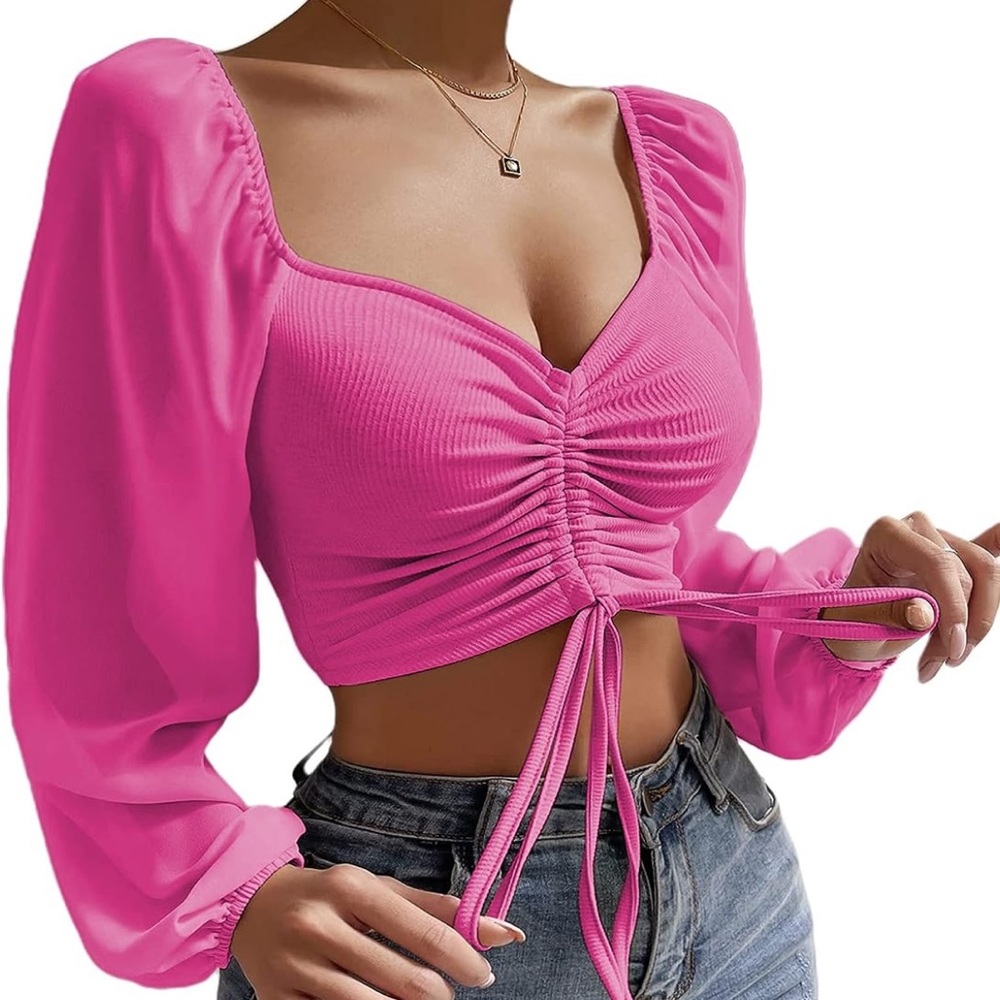 Women Ruched Drawstring Blouses Long Puff Sleeve Front V Neck Crop Tee M